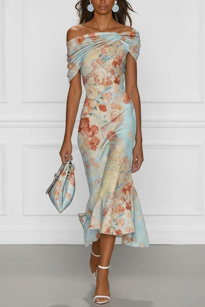 Off Shoulder Floral Print Irregular Hem Midi Dress