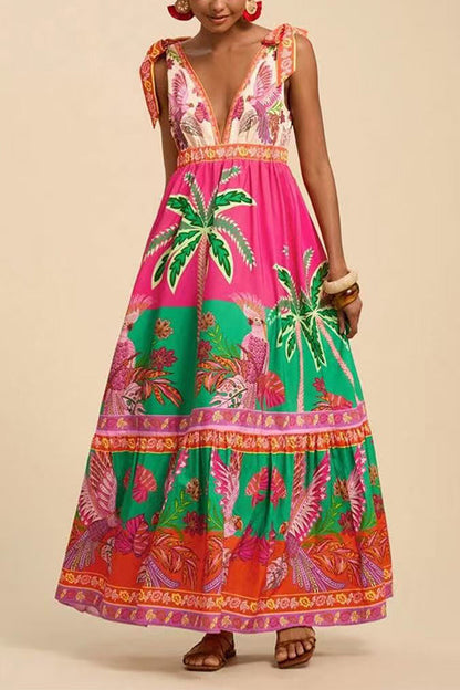 Bow Shoulder V Neck Sleeveless Printed Maxi Vacation Dress