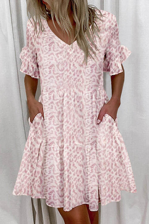 V Neck Ruffle Sleeves Pocketed Swing Mini Dress Pink