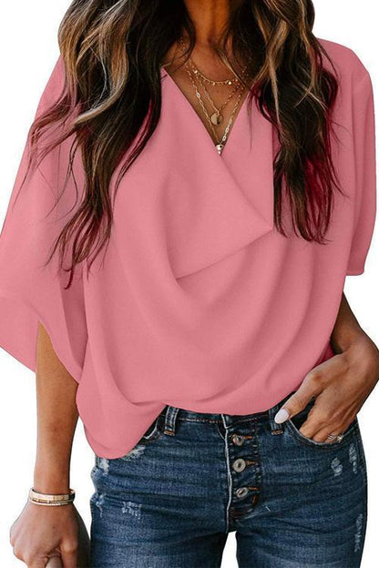 Cowl Neck Short Sleeve Drape Chiffon Shirt Pink