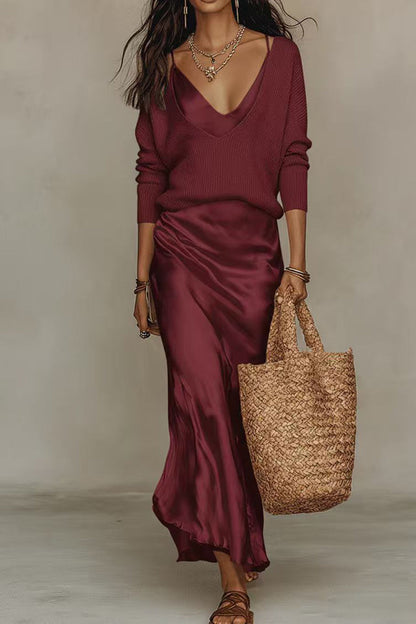 V Neck Drop Shoulder Sweater and Satin Maxi Cami Dress Set
