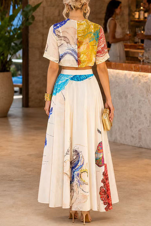 Crewneck Short Sleeves Crop Top High Rise Maxi Skirt Floral Print Set