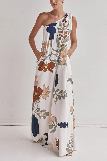 Robe longue à imprimé floral et nœud à une épaule
