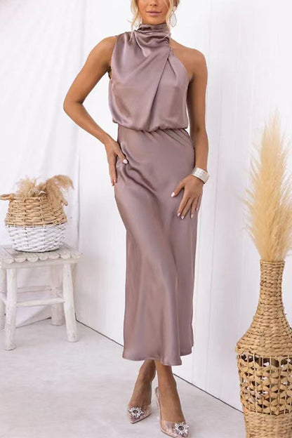 High Neck Sleeveless Waisted Satin Midi Dress