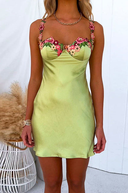 Floral Lace Trim Satin Mini Cami Dress Green