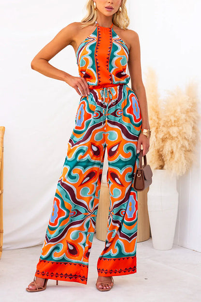 Drawstring Waist Wide Leg Color Block Print Pants Orange