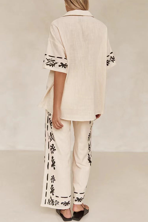 Rosiedress Cotton Linen Short Sleeves Button Down Shirt Elastic Waist Wide Leg Pants Printed Set