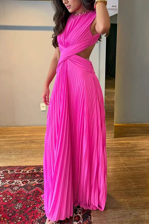 Crewneck Sleeveless Open Back Pleated Maxi Dress