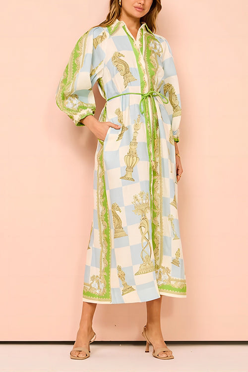 Rosiedress Button Down Tie Waist Pocketed Unique Print Midi Shirt Dress