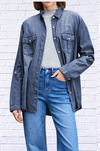 Pocketed Collared Neck Long Sleeve Dandy Denim Top