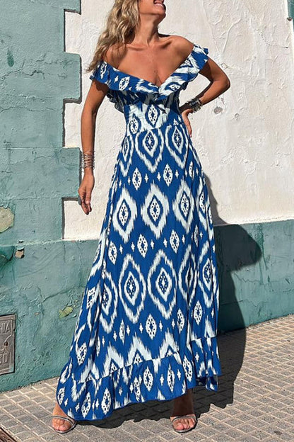 V Neck Waisted Boho Print Ruffle Maxi Dress