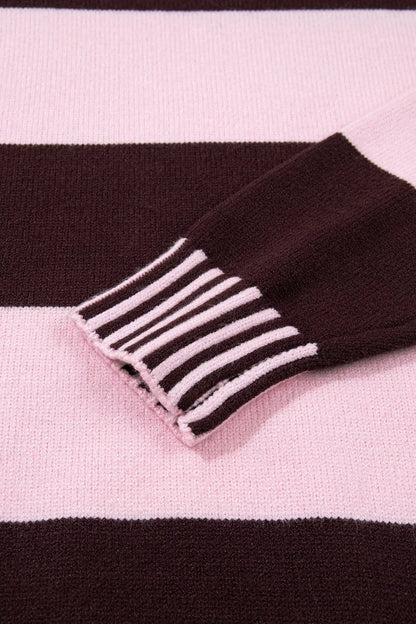 Stripe Contrast High Neck Dropped Shoulder Relaxed Sweater