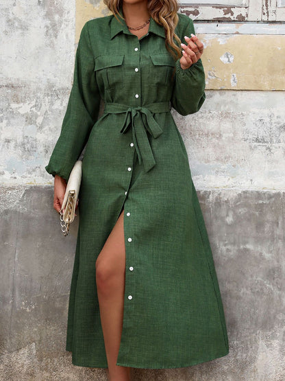 Blue Zone Planet | Collared Neck Long Sleeve Midi Shirt Dress
