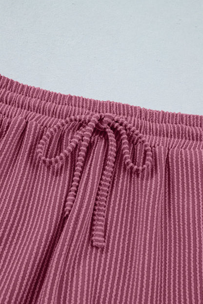 Pitaya Pink Twisted Ribbed Loose Tee Drawstring Elastic Waist 2pcs Short Set