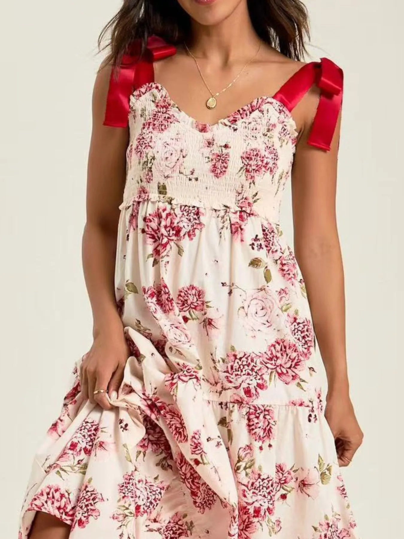 Smocked Tie Shoulder Printed Maxi Dress