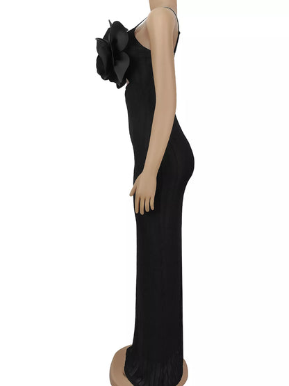 3D Flower Cutout Spaghetti Strap Bodycon Maxi Dress
