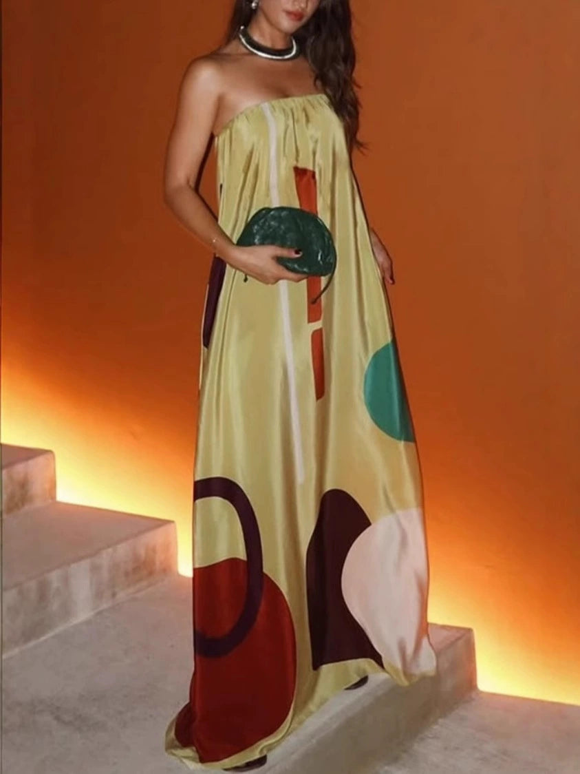 Robe longue ample à poches et épaules dénudées, imprimée et unique