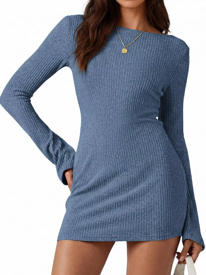Ribbed Knit Long Sleeve Slim Fit Sweater Dress