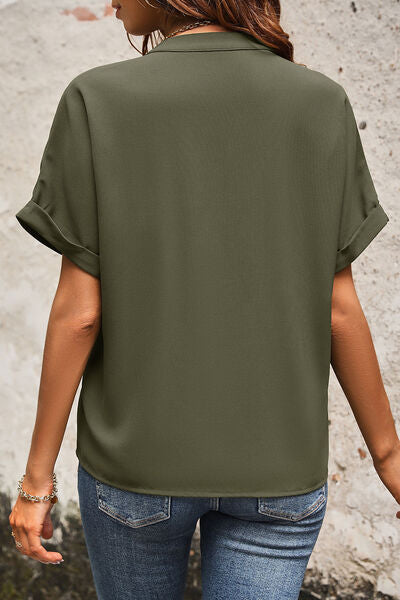 Blue Zone Planet | Pocketed Notched Short Sleeve Blouse