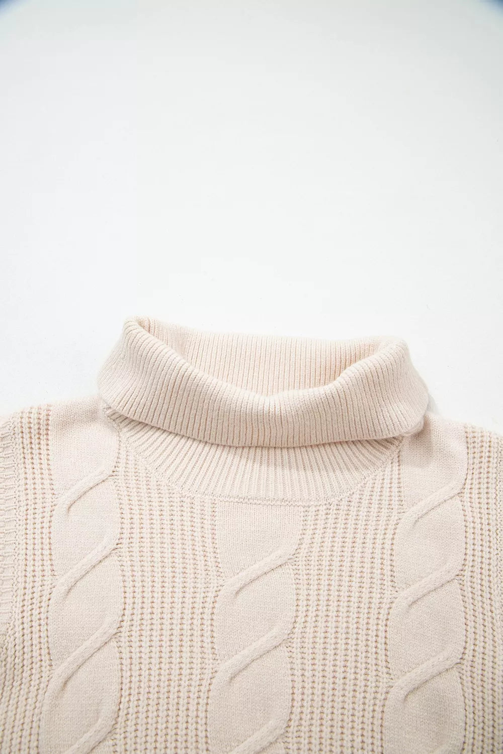 Cable Knit Turtleneck Ruffled Short Sleeve Sweater