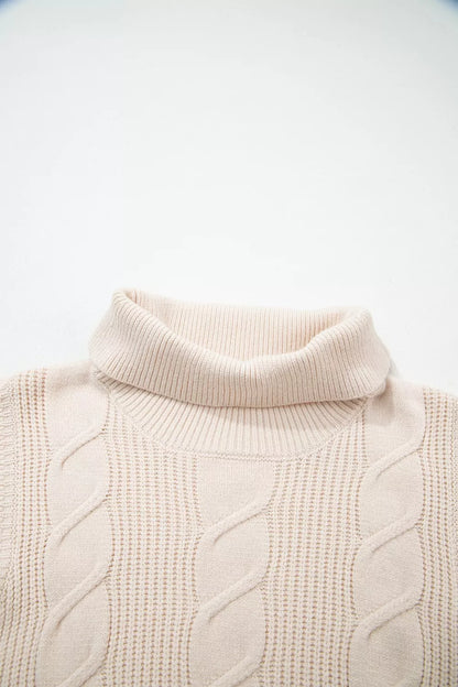 Cable Knit Turtleneck Ruffled Short Sleeve Sweater