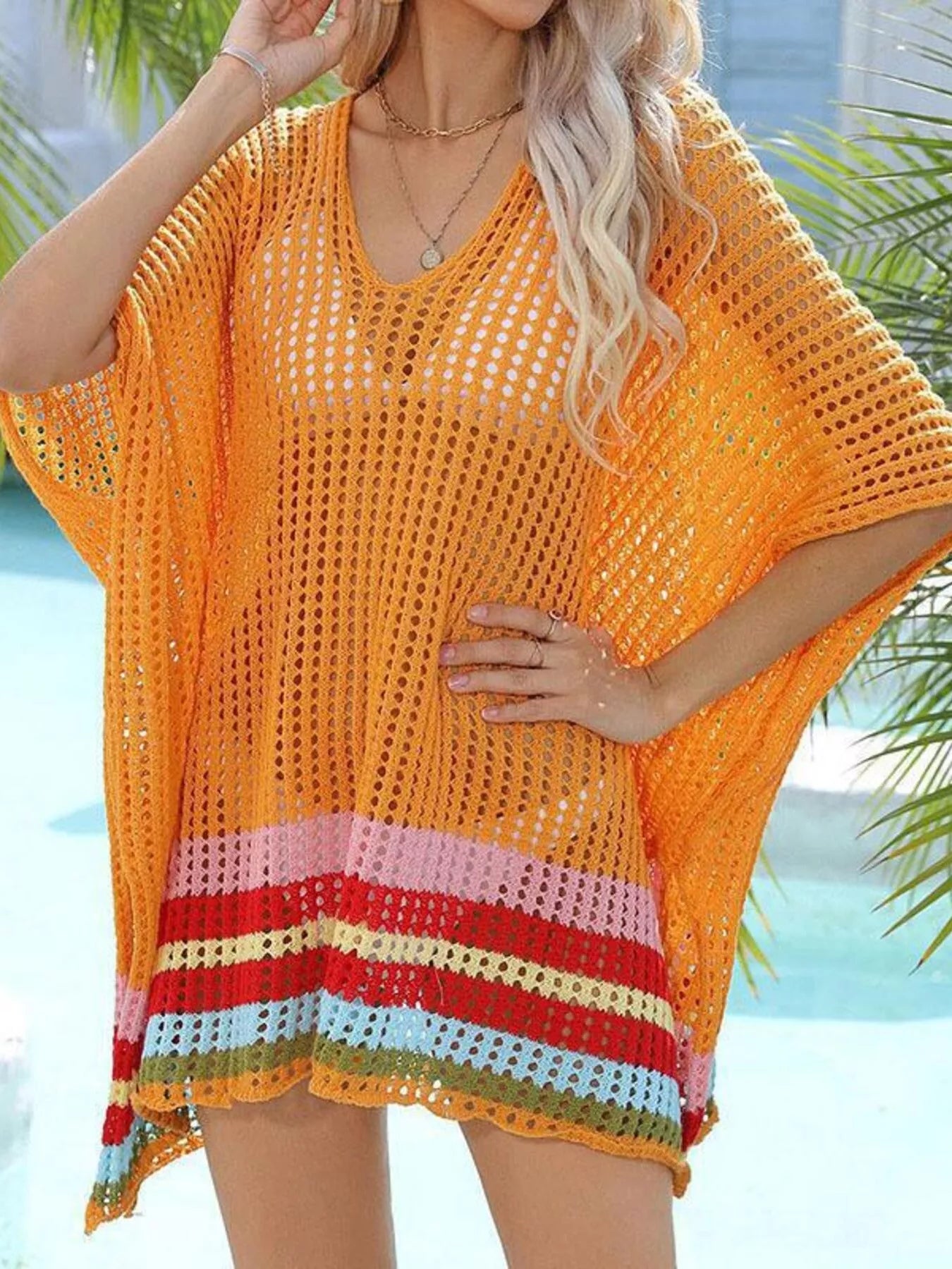 Crochet Rainbow Trim Cover-Up Dress