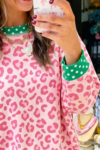 Leopard Polka Dot Trim Round Neck Sweatshirt