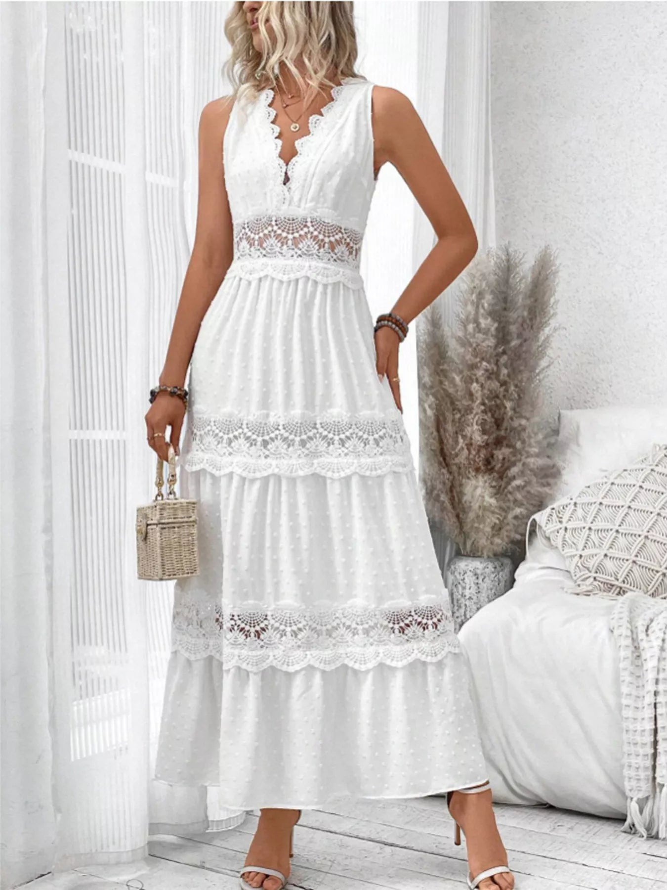 Full Size Lace Detail Tie Back Sleeveless Tiered Dress Plus Size