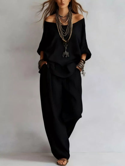Off-Shoulder Loose Fit Top and Pants Two-Piece Set