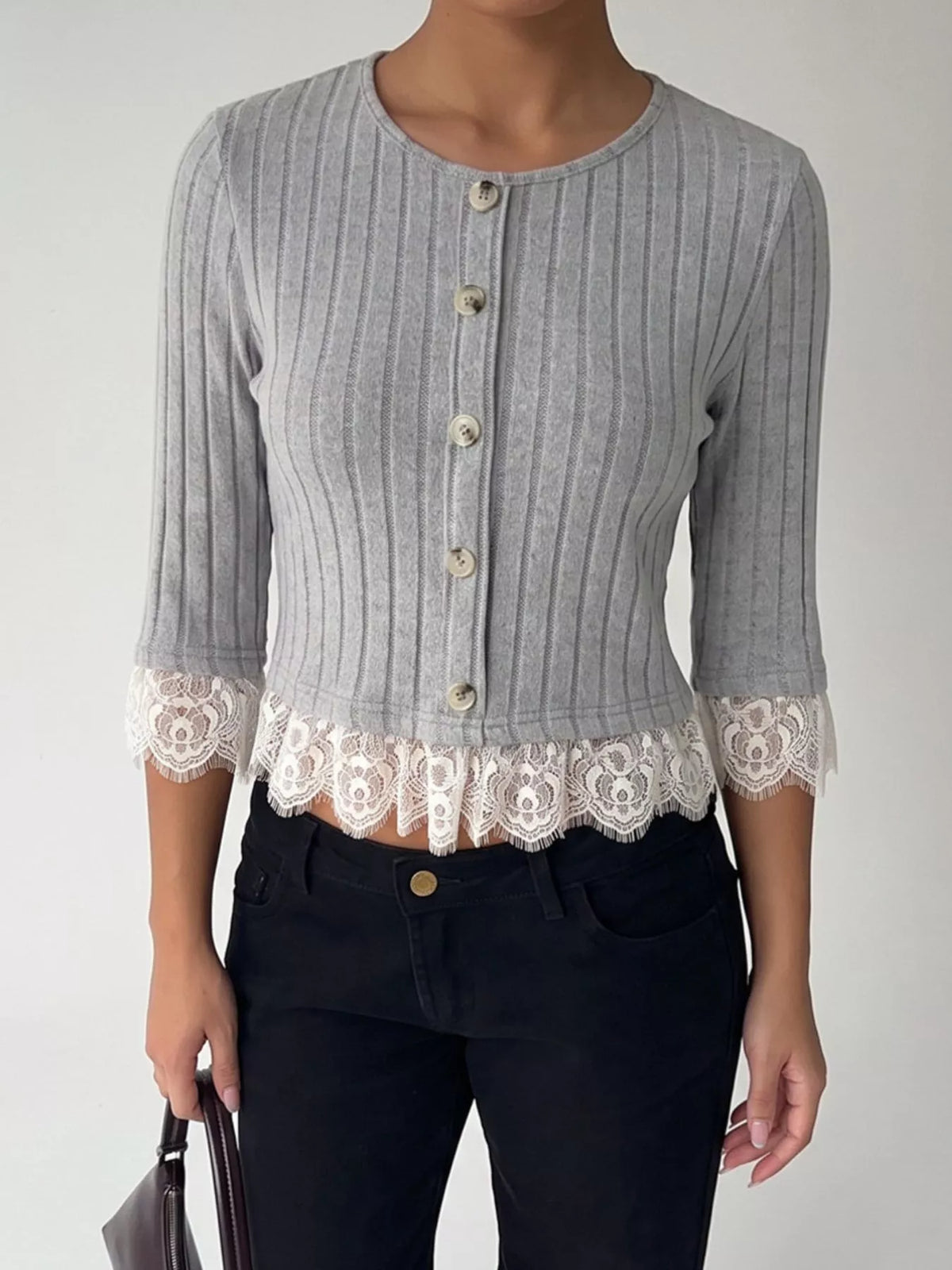 Lace Hem Ribbed Knit Button-Down Top