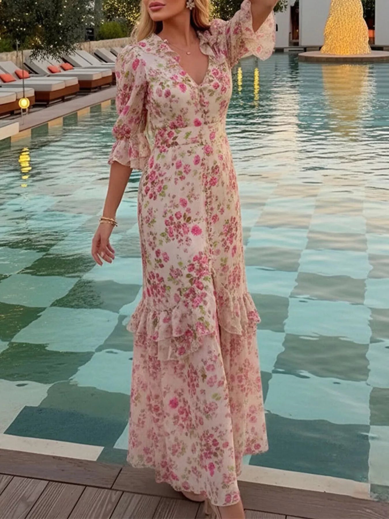 Full Size Ruffled Button Front Half Sleeve Dress Plus Size