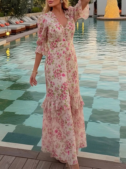 Full Size Ruffled Button Front Half Sleeve Dress Plus Size
