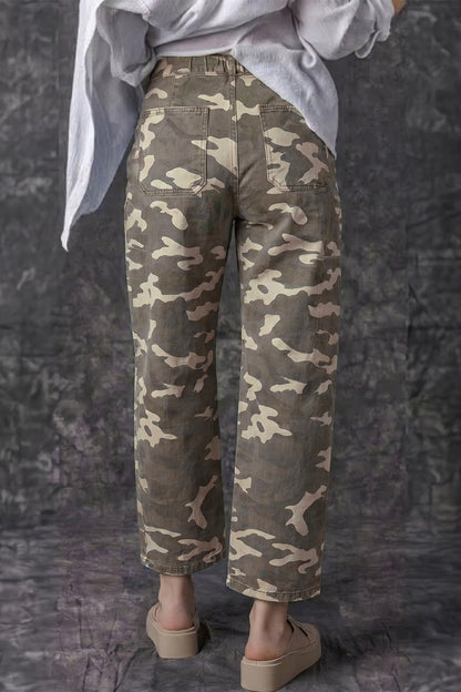 Green Leopard Printed Drawstring Elastic Waistband Pocketed Barrel Jeans