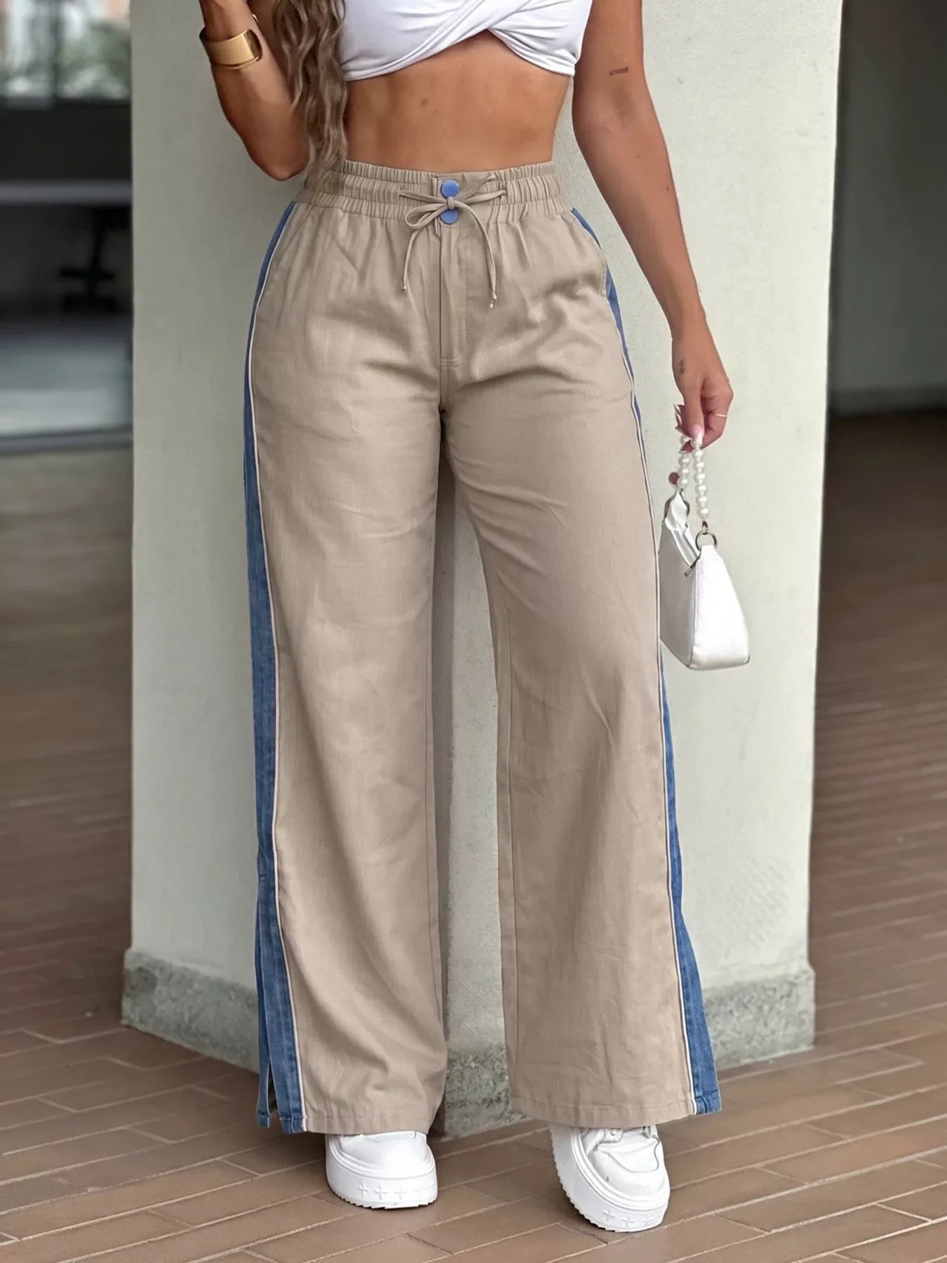 Contrast Side Panel Wide Leg Pants
