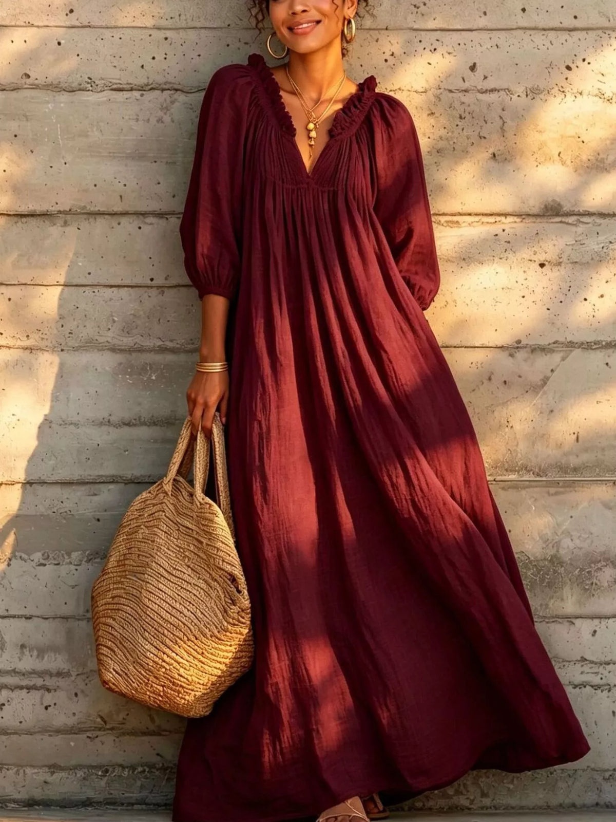 Tiered Notched 3/4 Sleeve Maxi Dress