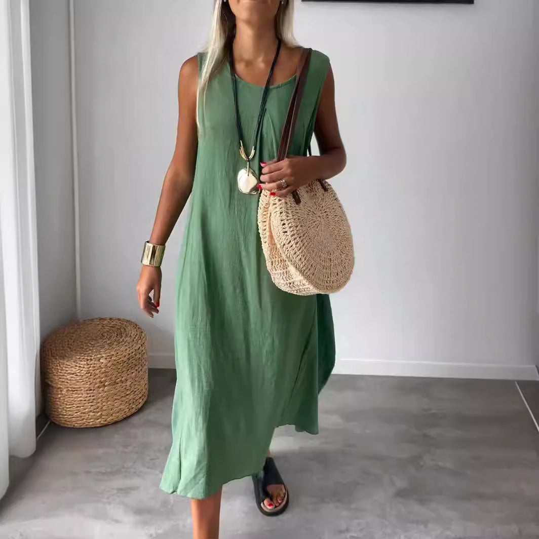 Casual Cotton And Linen Solid Color Pocket Long Sleeveless Dress