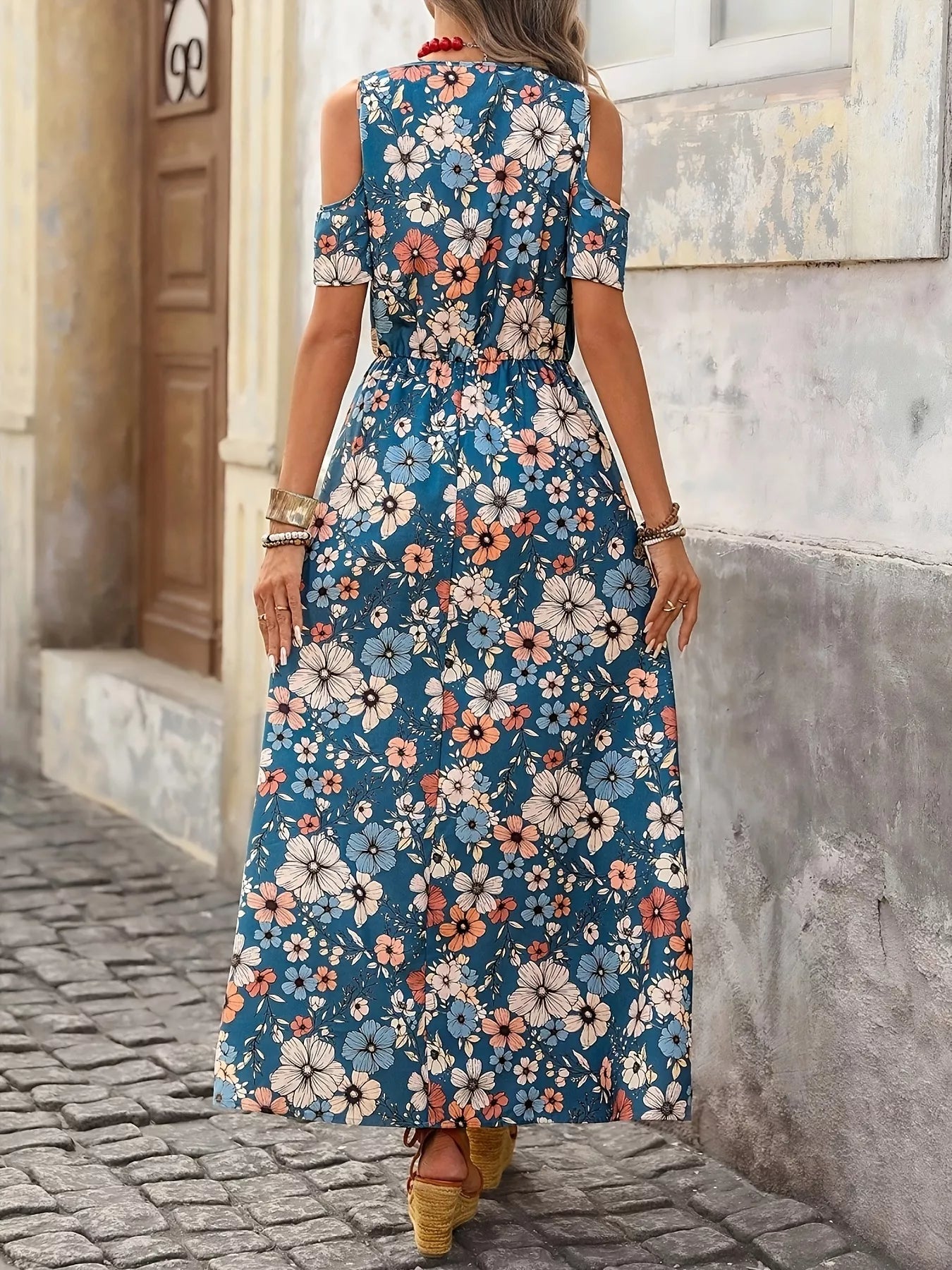 Cold Shoulder Floral Print Maxi Dress