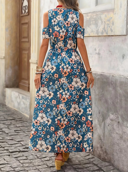 Cold Shoulder Floral Print Maxi Dress