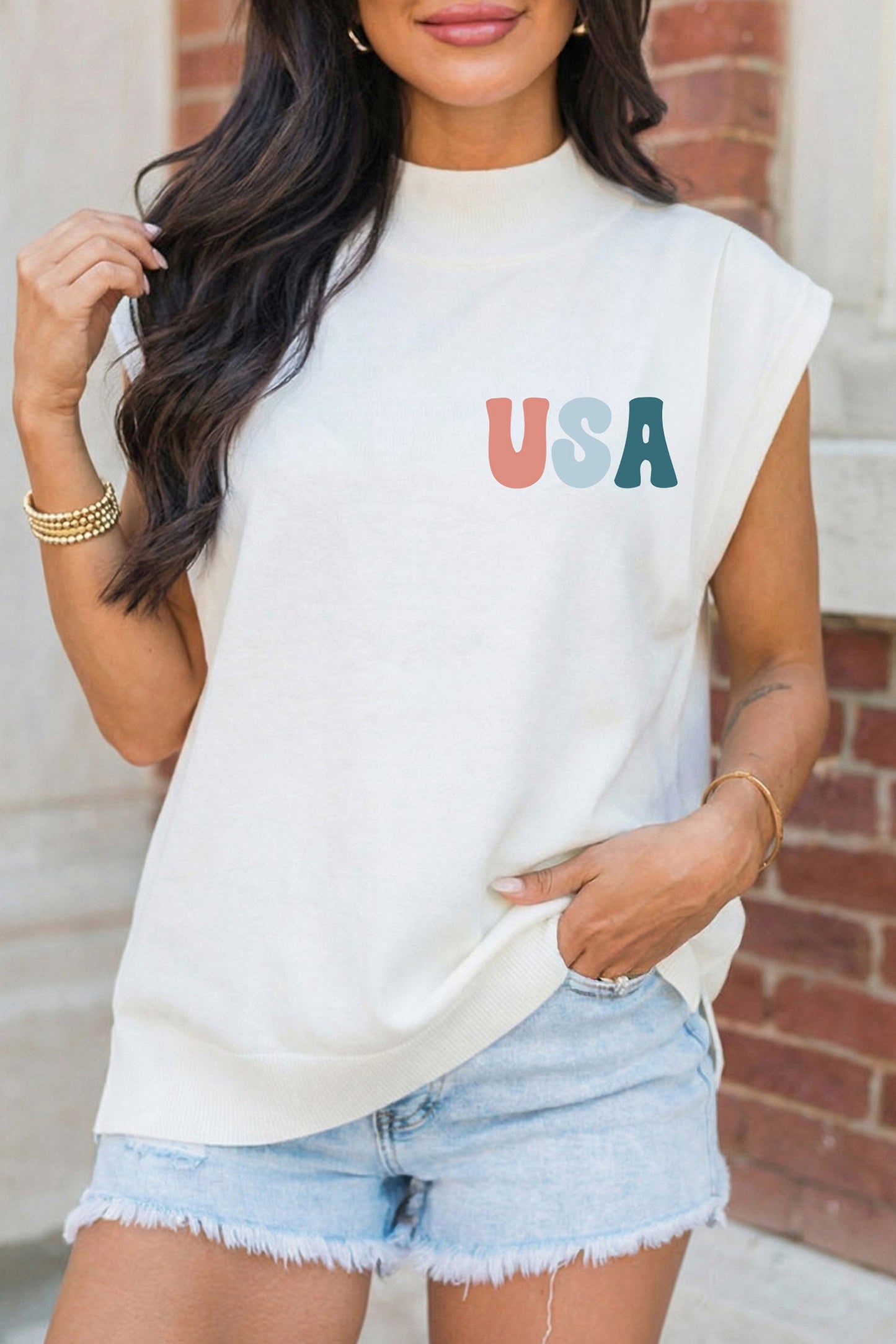 White USA/ Patriotic Victory Double Side Printed Mock Neck Tee