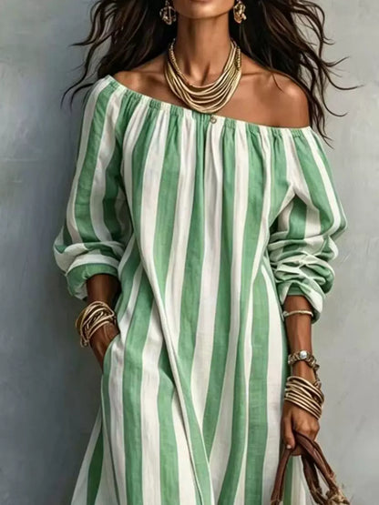 Off-Shoulder Striped Dress with Pockets