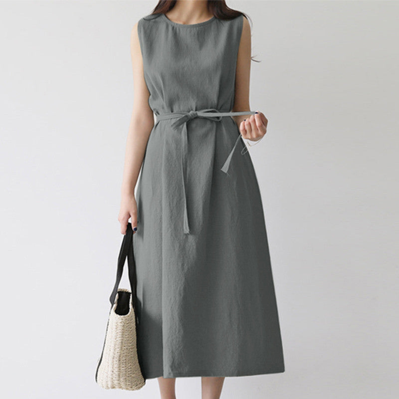 Casual Sleeveless Belted Cotton Dress