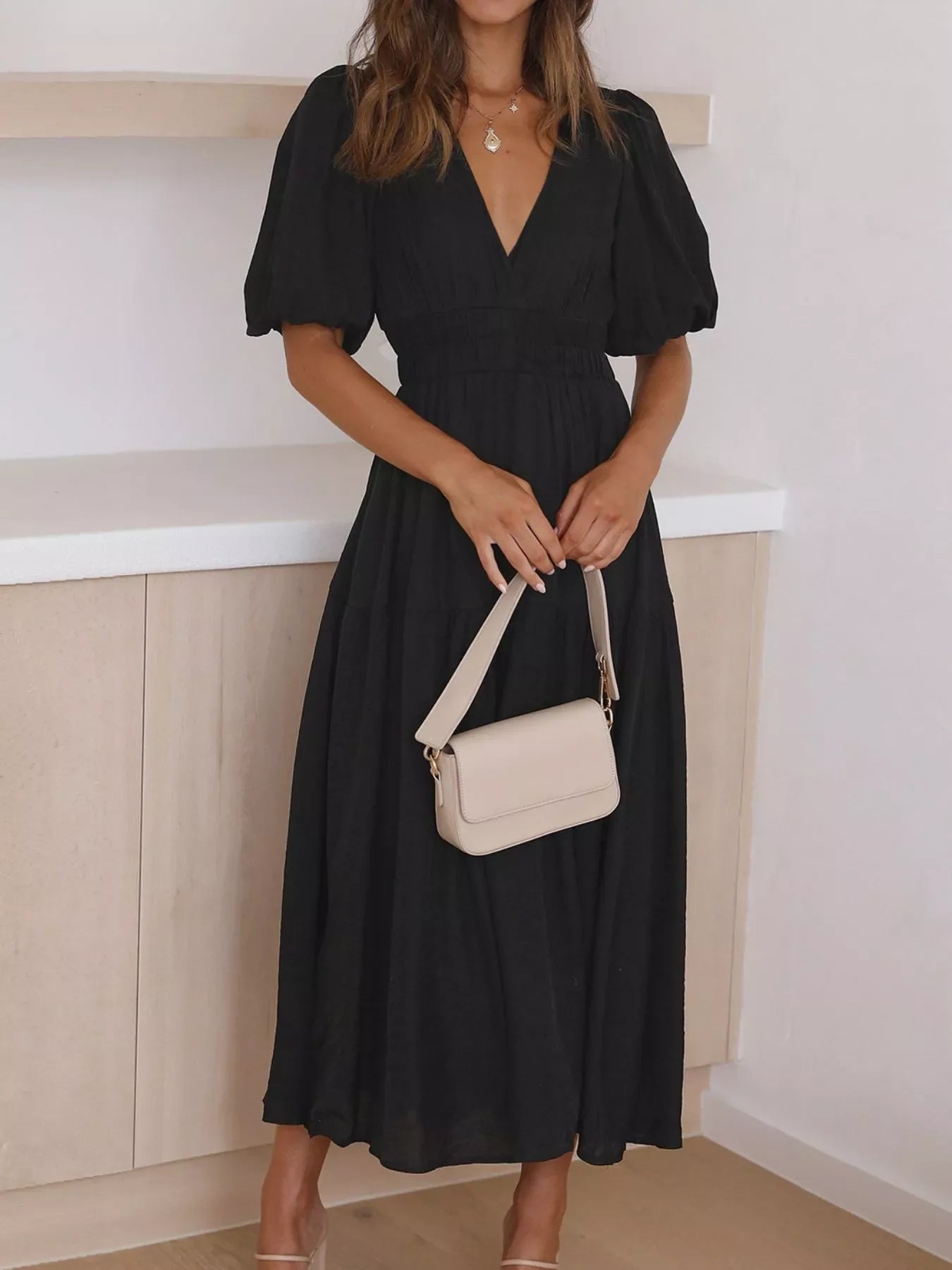 Elegant Puff Sleeve V-Neck Midi Dress