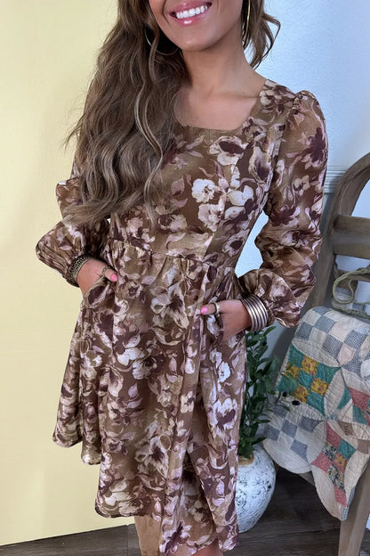 Abstract Floral Print Square Neck Long Sleeve Mini Shift Dress