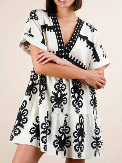 Printed V-Neck Short Sleeve Mini Dress