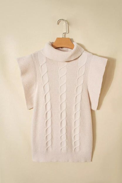 Cable Knit Turtleneck Ruffled Short Sleeve Sweater