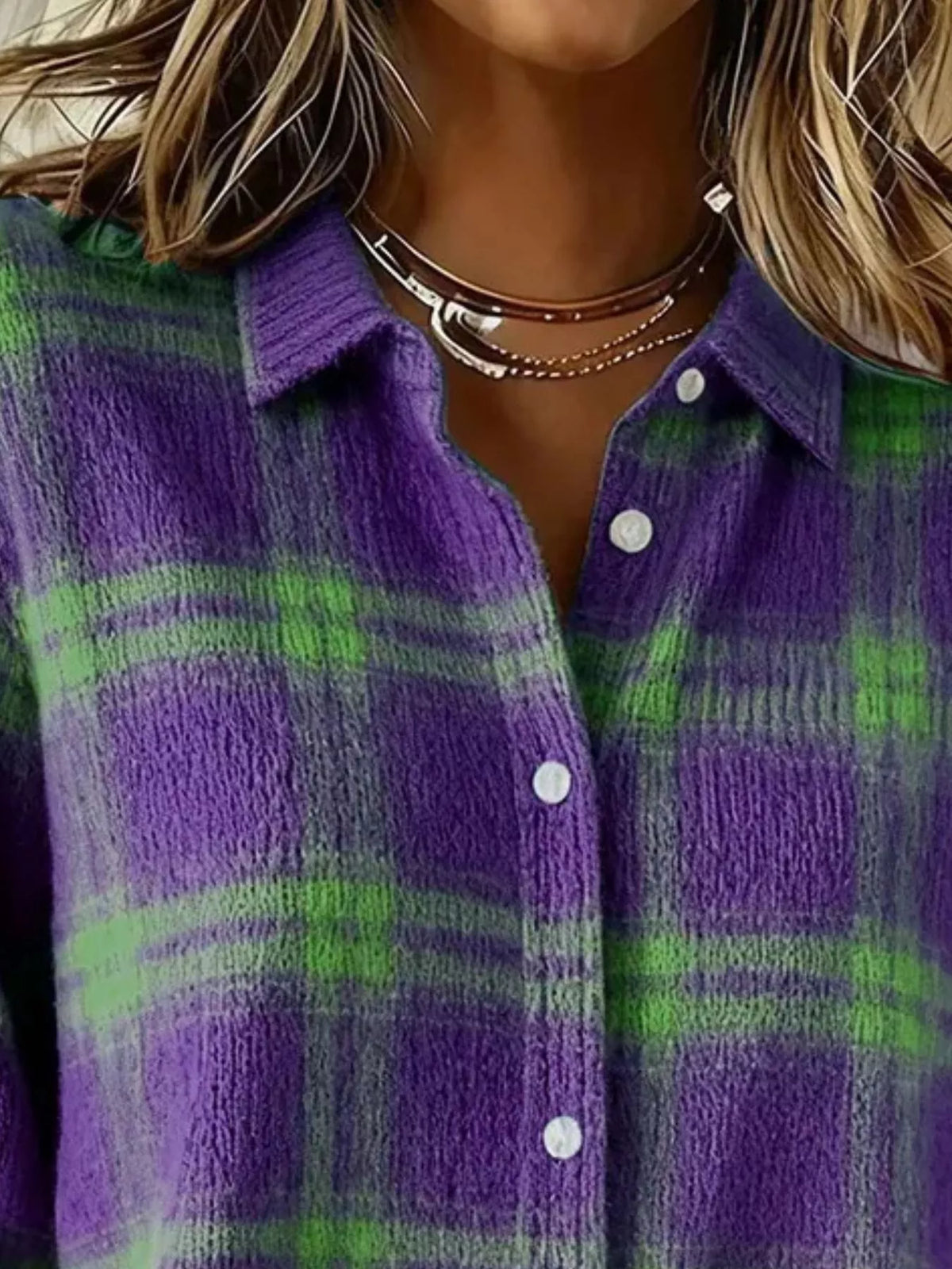 Full Size Plaid Button-Down Knit Cardigan Plus Size