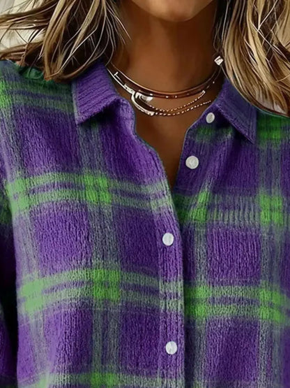 Full Size Plaid Button-Down Knit Cardigan Plus Size