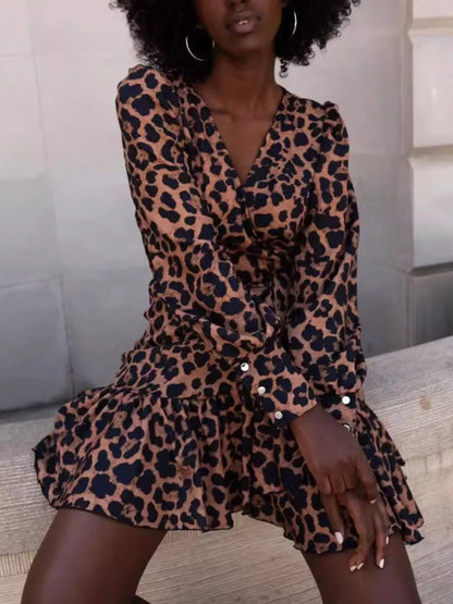 Printed Surplice Long Sleeve Wrap Mini Dress