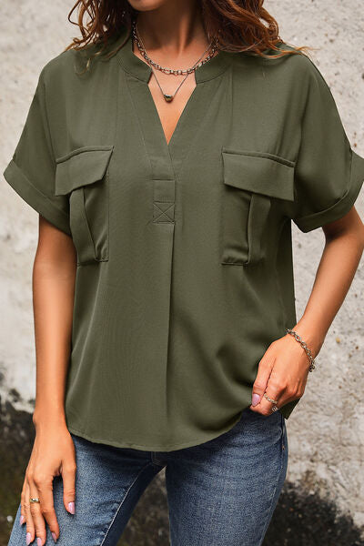Blue Zone Planet | Pocketed Notched Short Sleeve Blouse