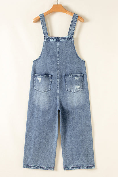 Blue Zone Planet | Stone Blue Distressed Bib Pocket Wide Leg Denim Overall